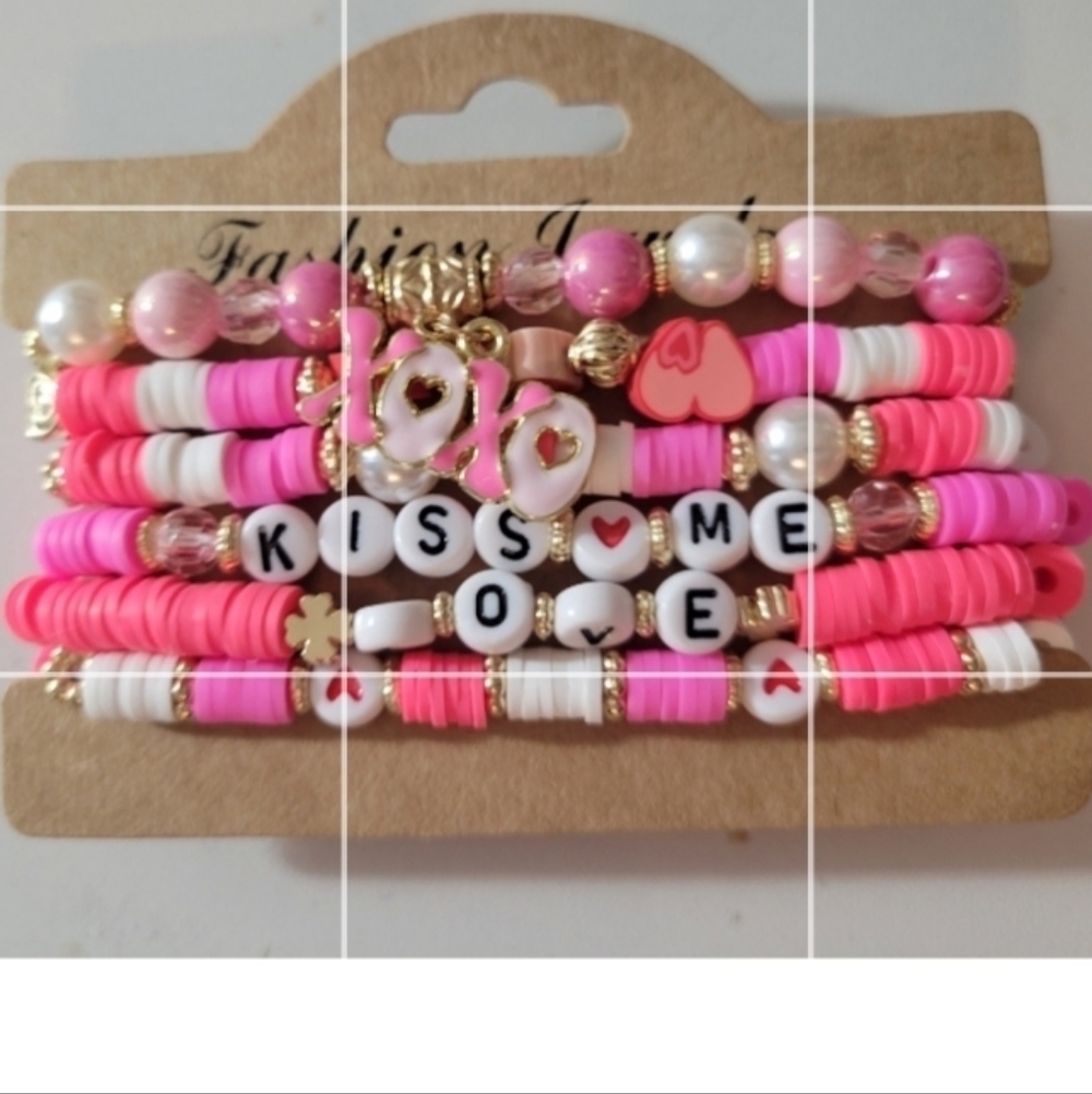 Set Of 3 Valentine Stretch Charm Bracelets.